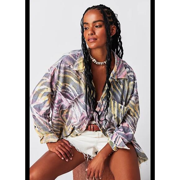 One Teaspoon Palm Island Tie-Dye Muslin Coverup Shirt Small 100% Cotton Longline - Picture 1 of 7